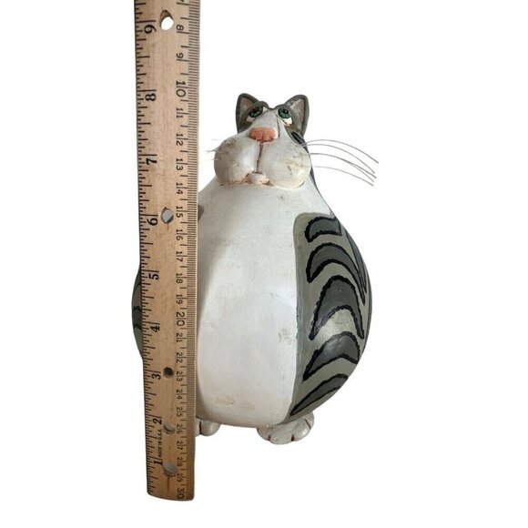 Funny Bones Vicki Thomas Signed 1997 Folk Art Grey White Striped Tabby Cat Gourd - Picture 12 of 13